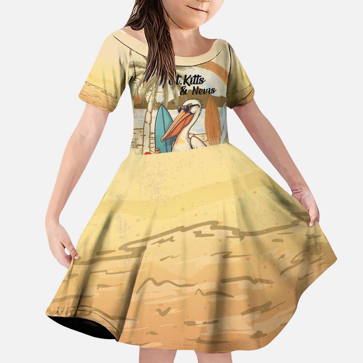 Personalized Saint Kitts And Nevis Kid Short Sleeve Dress Brown Pelican Beach Vibe - Wonder Print Shop