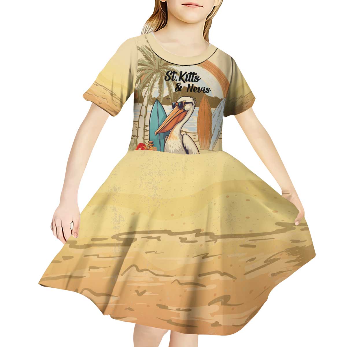 Personalized Saint Kitts And Nevis Kid Short Sleeve Dress Brown Pelican Beach Vibe - Wonder Print Shop