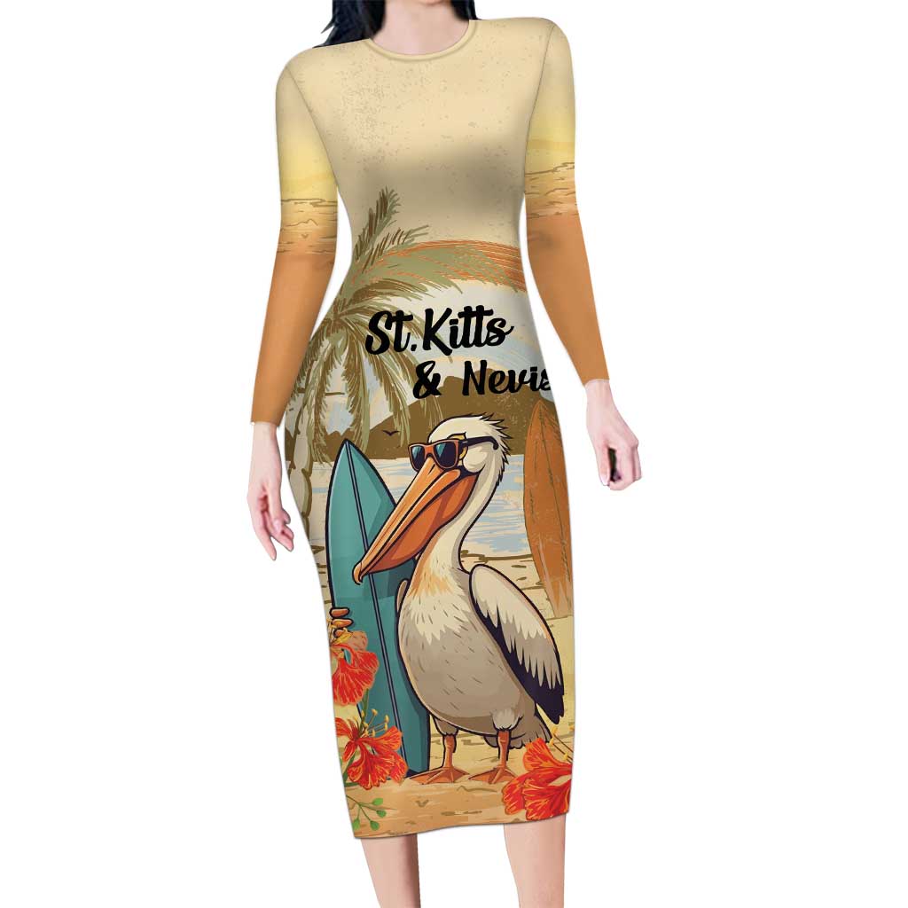 Personalized Saint Kitts And Nevis Long Sleeve Bodycon Dress Brown Pelican Beach Vibe - Wonder Print Shop