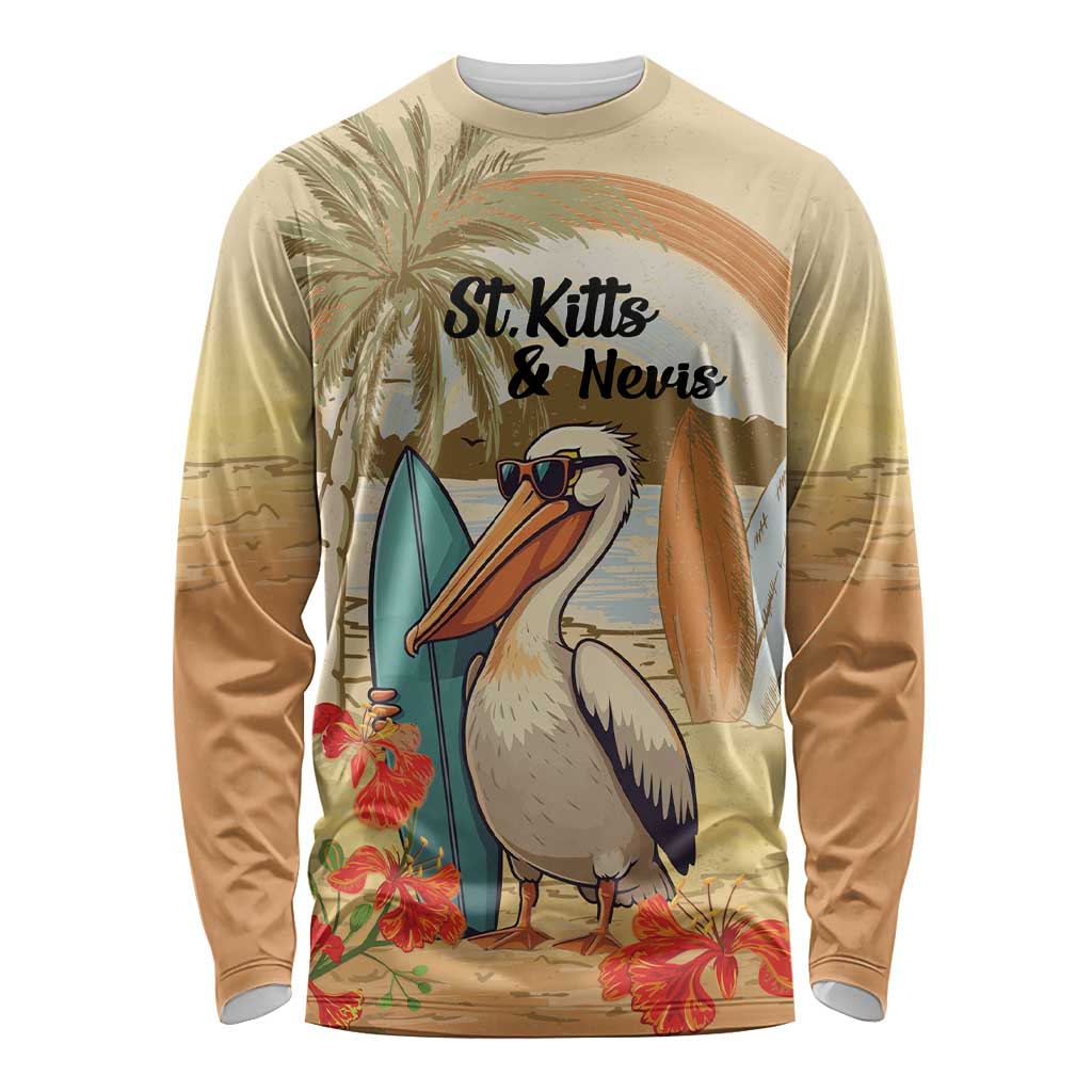 Personalized Saint Kitts And Nevis Long Sleeve Shirt Brown Pelican Beach Vibe - Wonder Print Shop