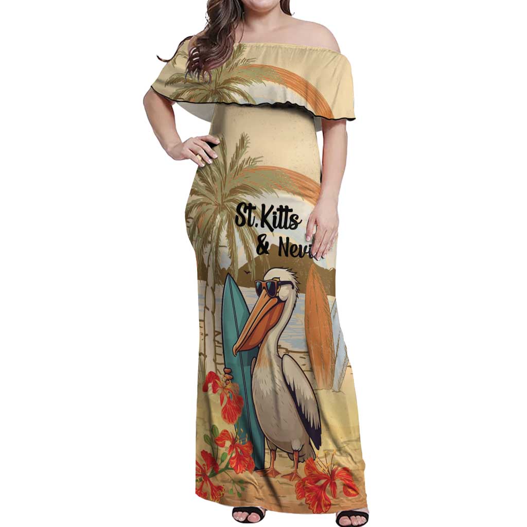 Personalized Saint Kitts And Nevis Off Shoulder Maxi Dress Brown Pelican Beach Vibe - Wonder Print Shop