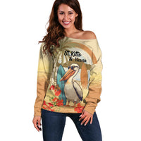 Personalized Saint Kitts And Nevis Off Shoulder Sweater Brown Pelican Beach Vibe - Wonder Print Shop