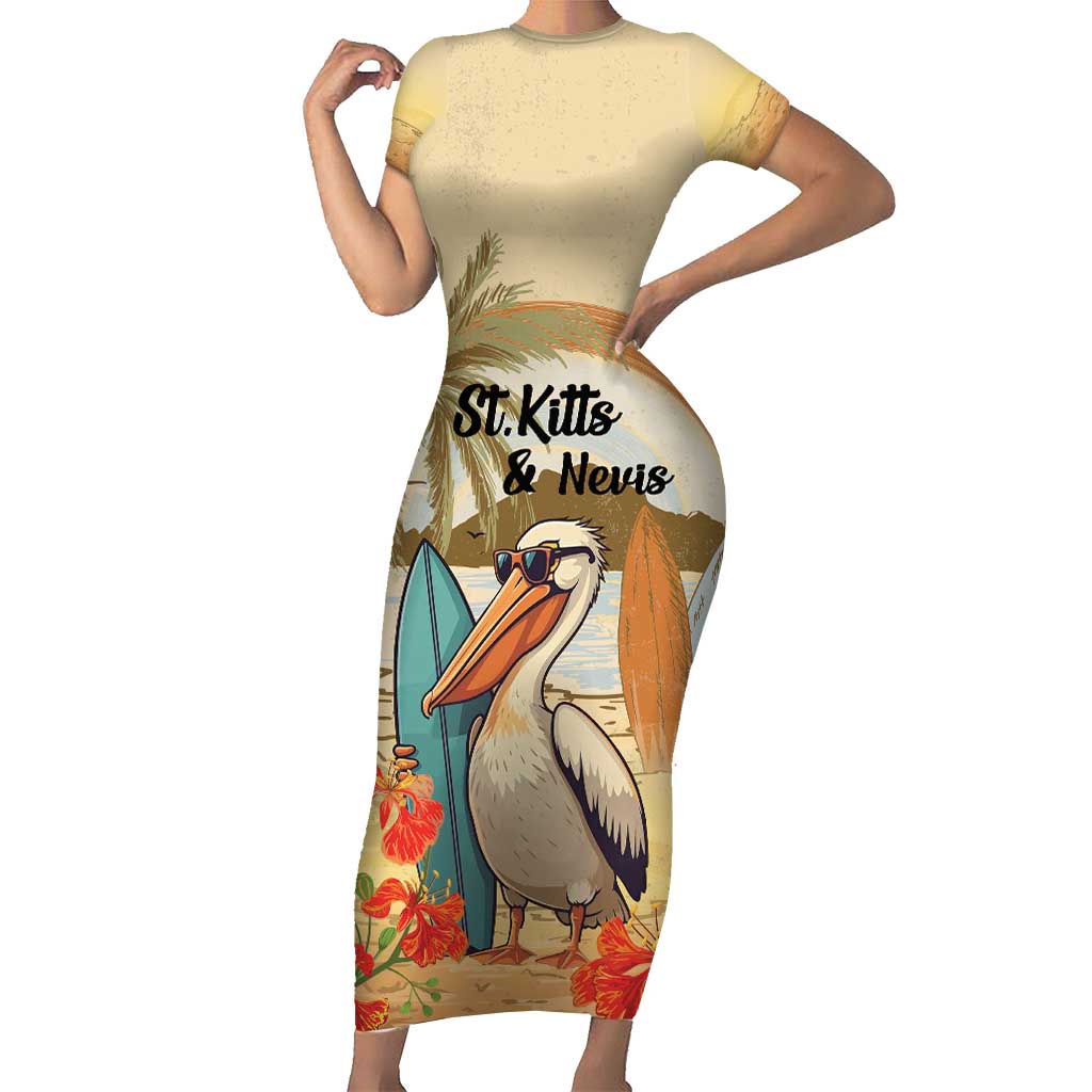 Personalized Saint Kitts And Nevis Short Sleeve Bodycon Dress Brown Pelican Beach Vibe - Wonder Print Shop