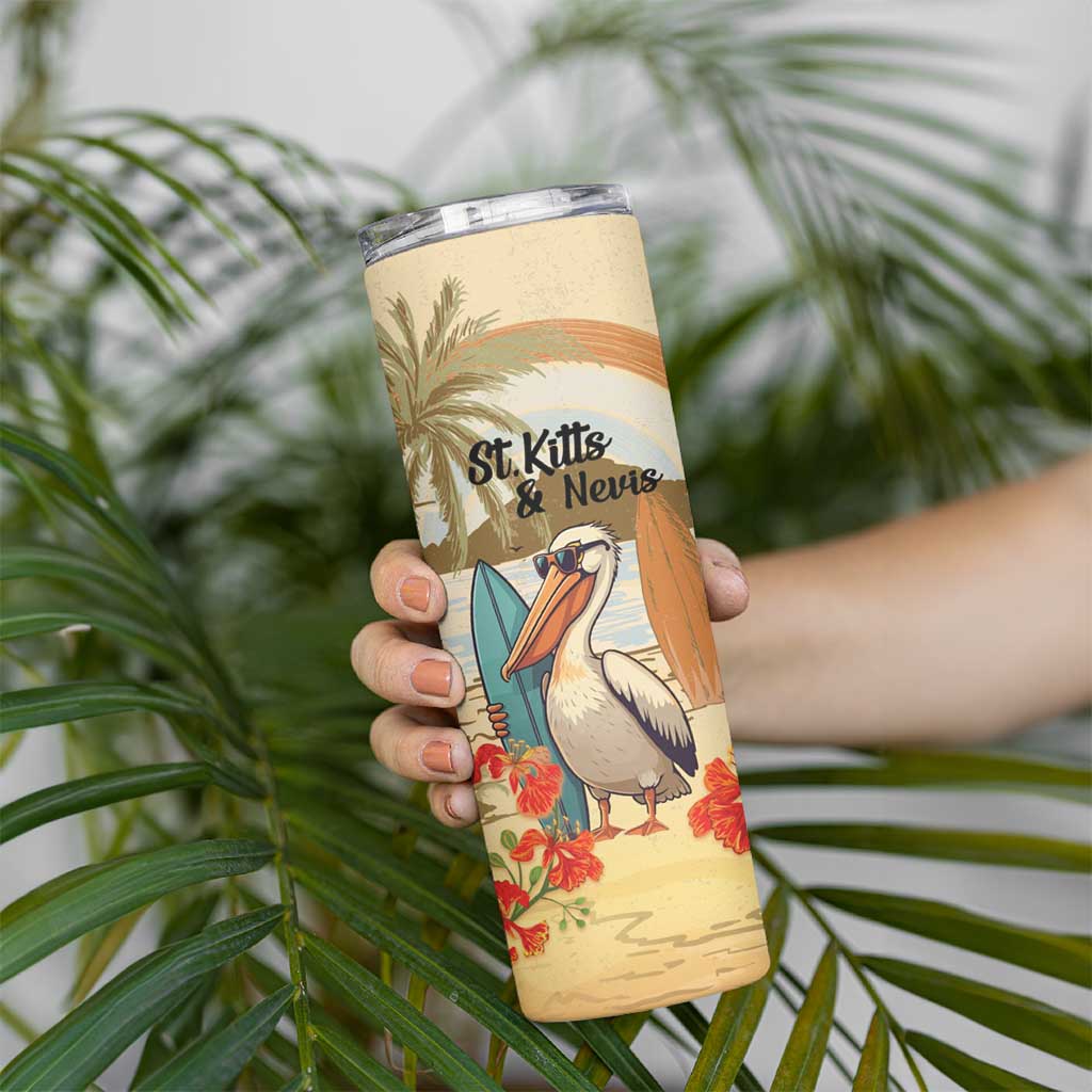 Personalized Saint Kitts And Nevis Skinny Tumbler Brown Pelican Beach Vibe - Wonder Print Shop