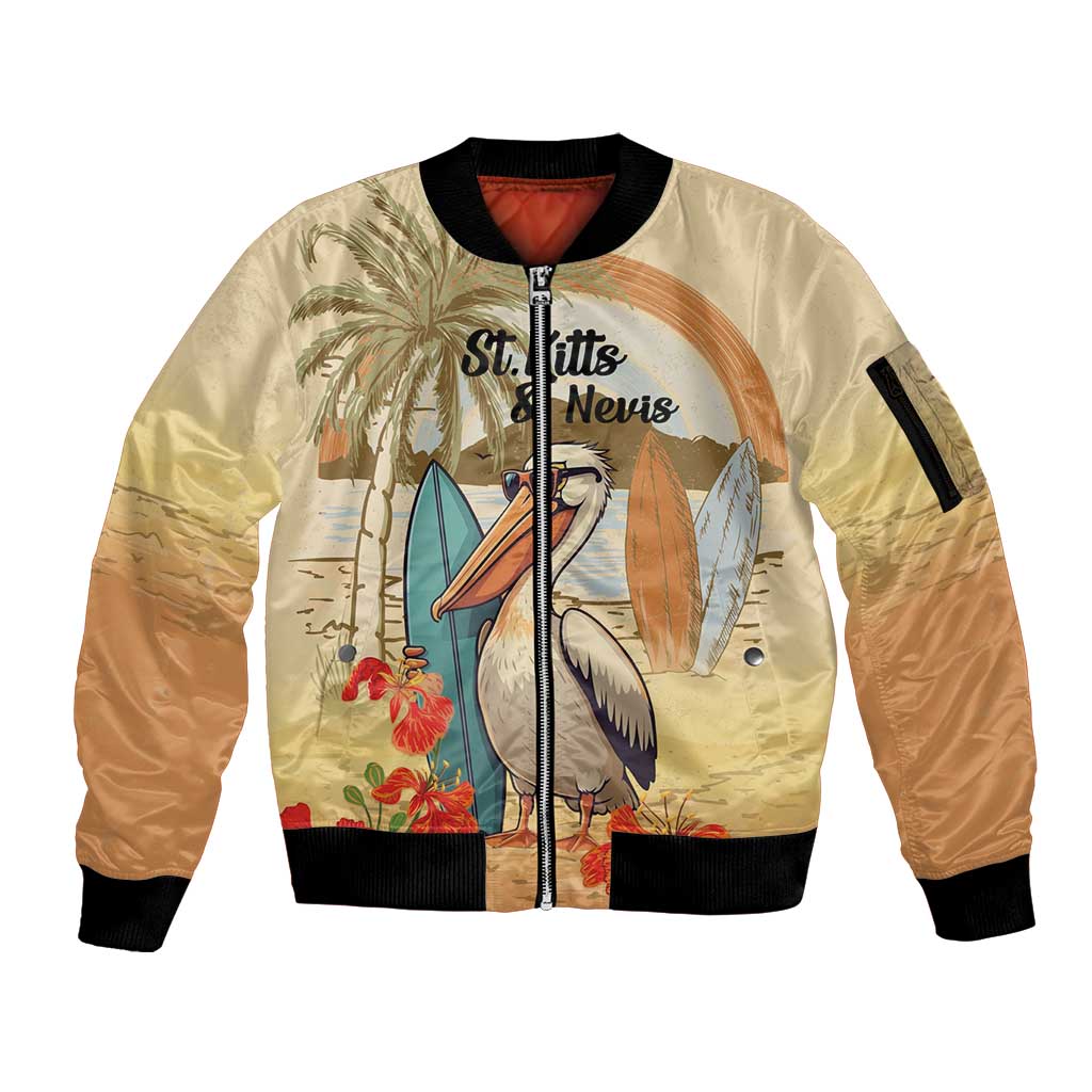 Personalized Saint Kitts And Nevis Sleeve Zip Bomber Jacket Brown Pelican Beach Vibe - Wonder Print Shop