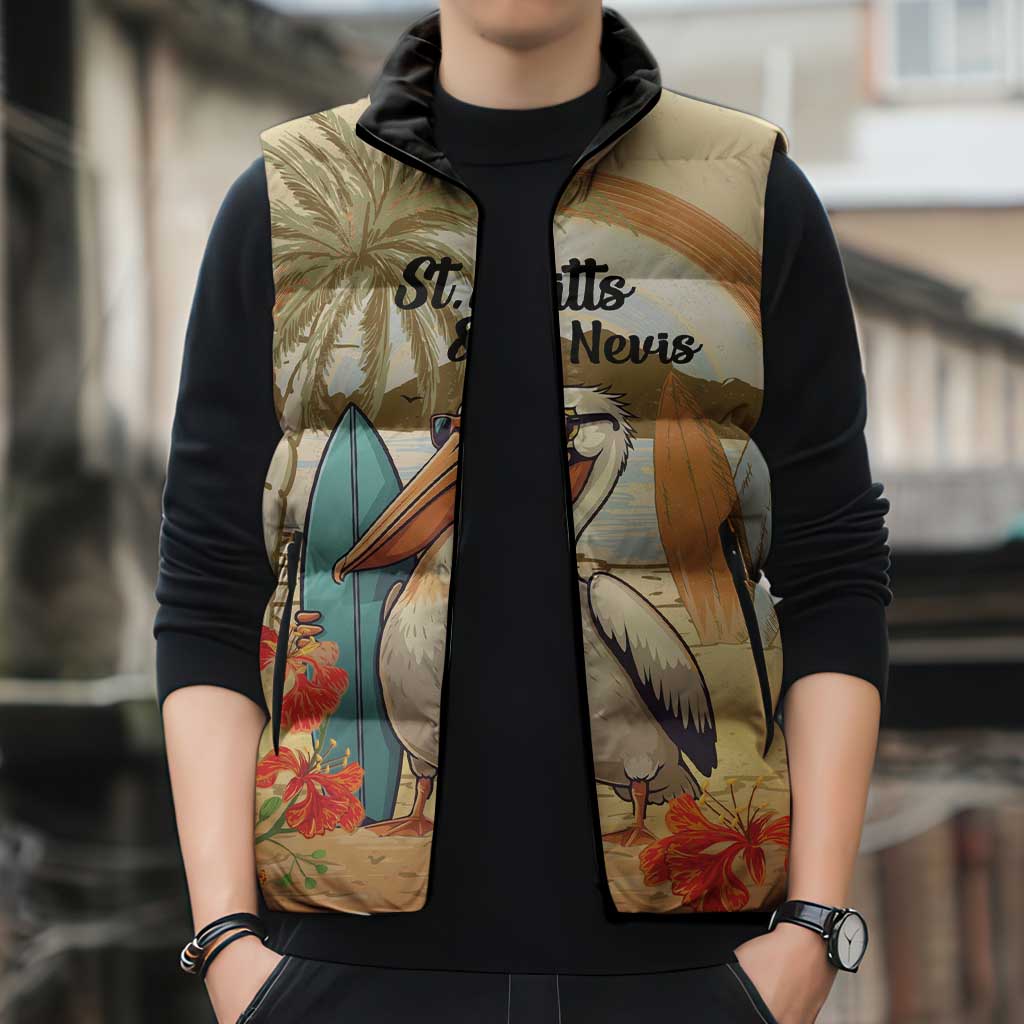 Personalized Saint Kitts And Nevis Sleeveless Puffer Jacket Brown Pelican Beach Vibe - Wonder Print Shop