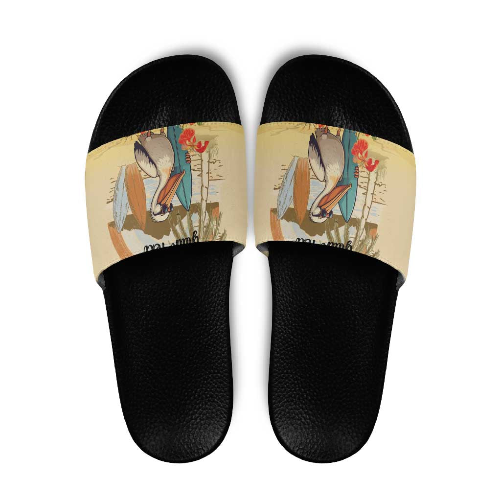 Personalized Saint Kitts And Nevis Slide Sandals Brown Pelican Beach Vibe - Wonder Print Shop