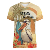 Personalized Saint Kitts And Nevis Women V-Neck T-Shirt Brown Pelican Beach Vibe - Wonder Print Shop