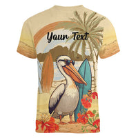 Personalized Saint Kitts And Nevis Women V-Neck T-Shirt Brown Pelican Beach Vibe - Wonder Print Shop