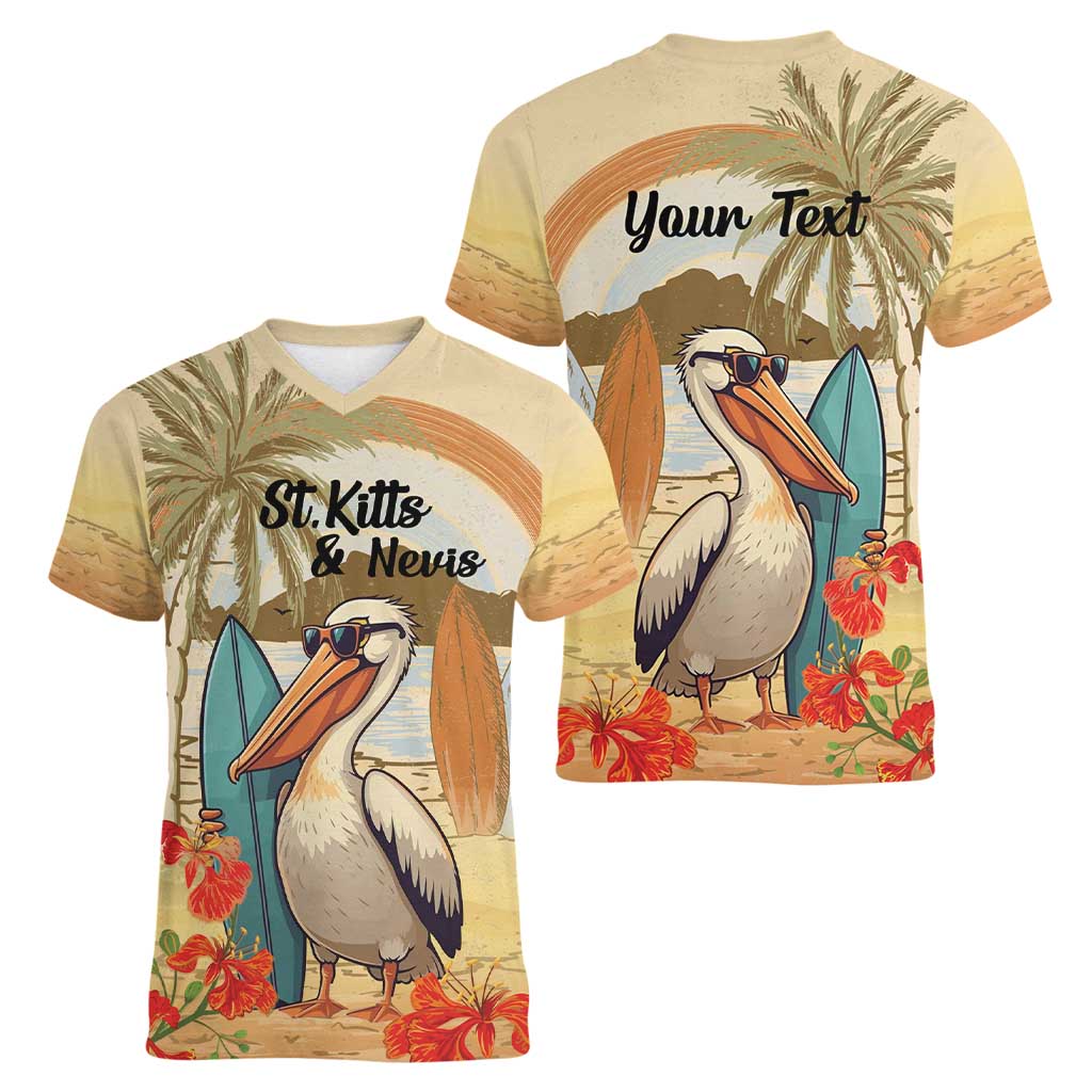 Personalized Saint Kitts And Nevis Women V-Neck T-Shirt Brown Pelican Beach Vibe - Wonder Print Shop