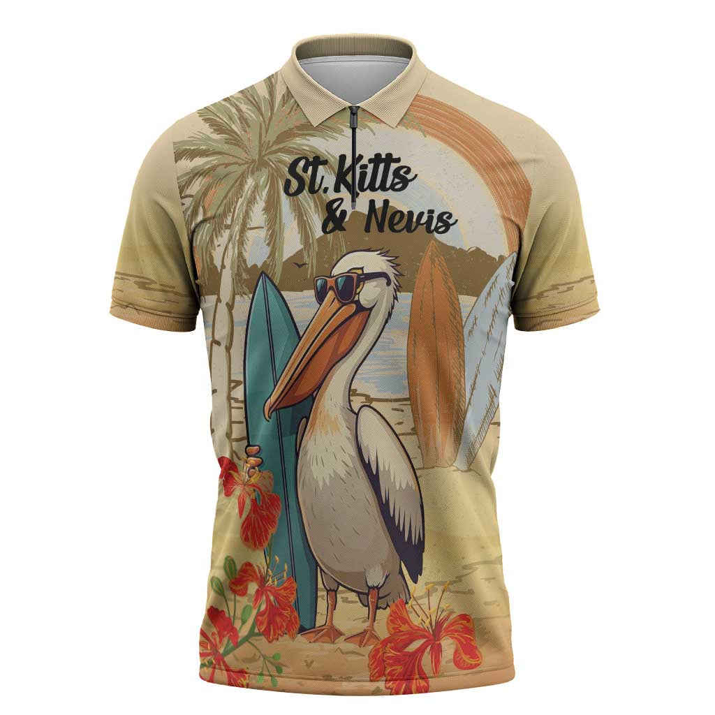 Personalized Saint Kitts And Nevis Zipper Polo Shirt Brown Pelican Beach Vibe - Wonder Print Shop