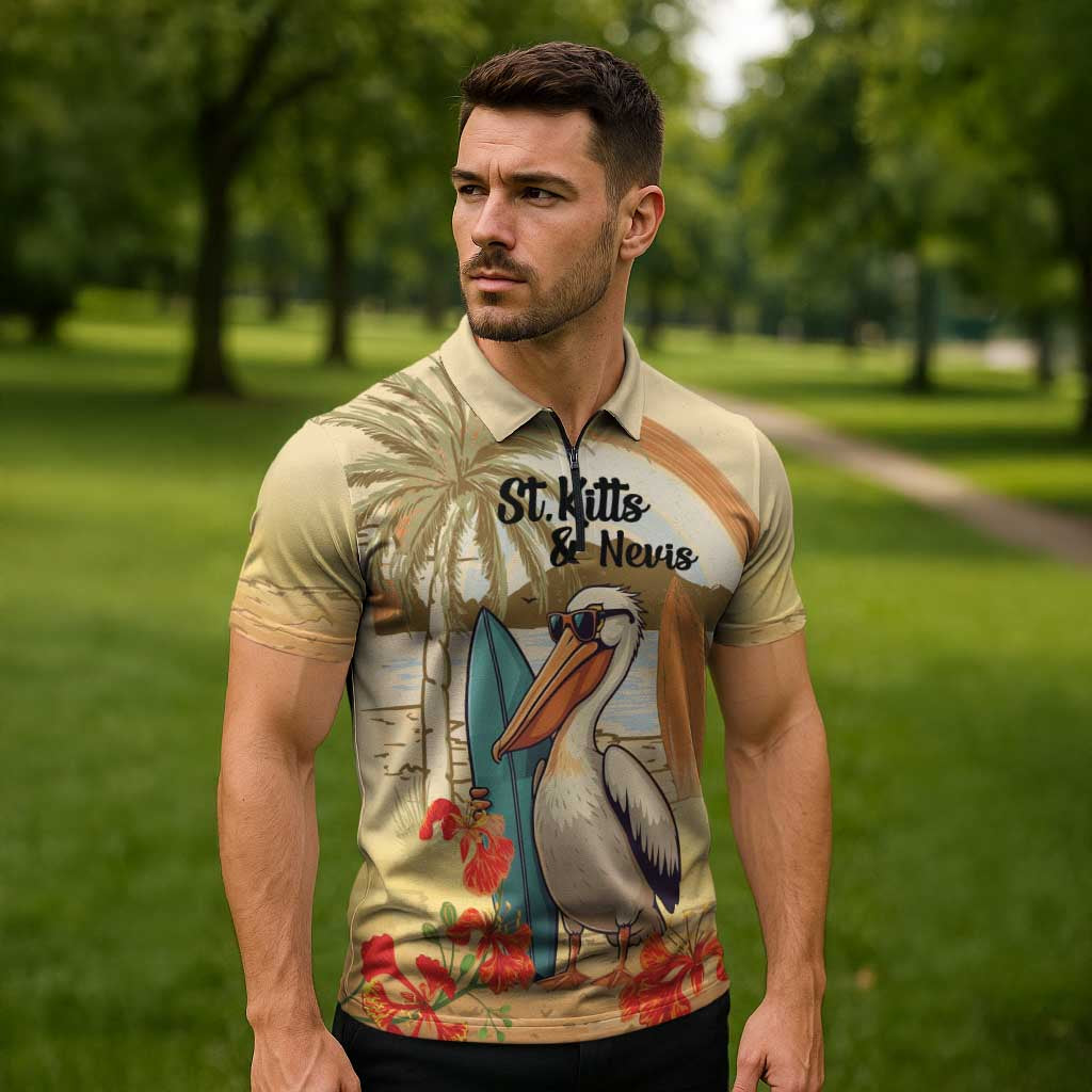Personalized Saint Kitts And Nevis Zipper Polo Shirt Brown Pelican Beach Vibe - Wonder Print Shop