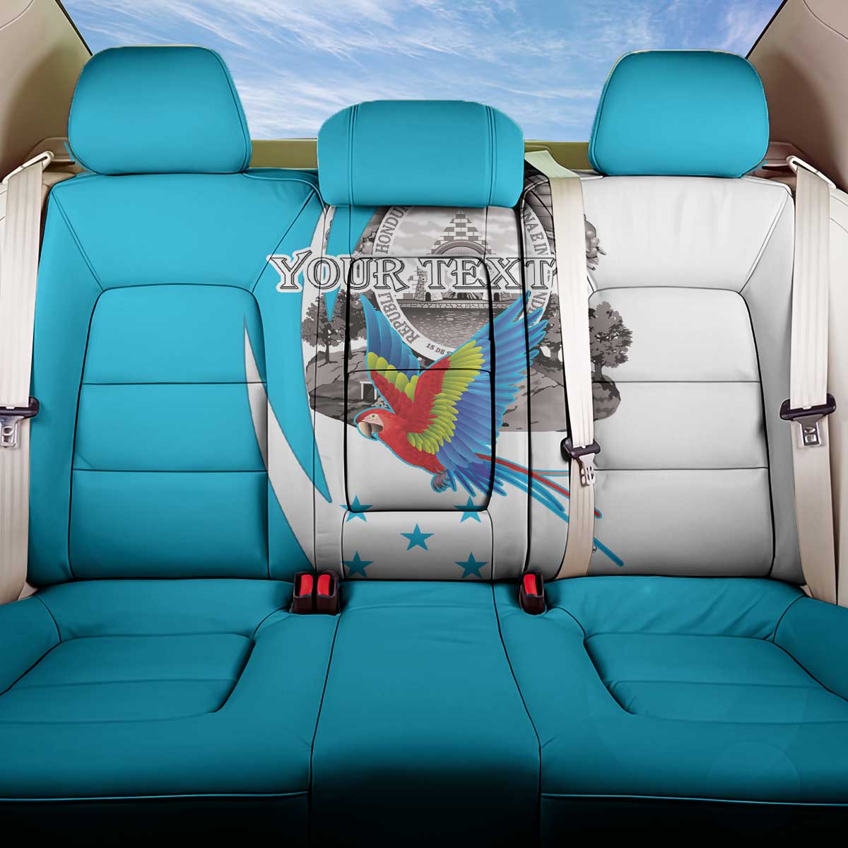 Personalized Honduras Independence Day Back Car Seat Cover Scarlet Macaw With Coat Of Arms LT18