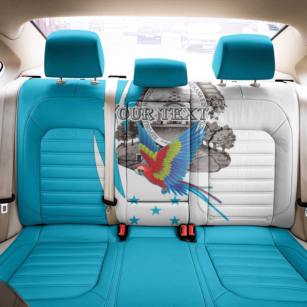 Personalized Honduras Independence Day Back Car Seat Cover Scarlet Macaw With Coat Of Arms LT18