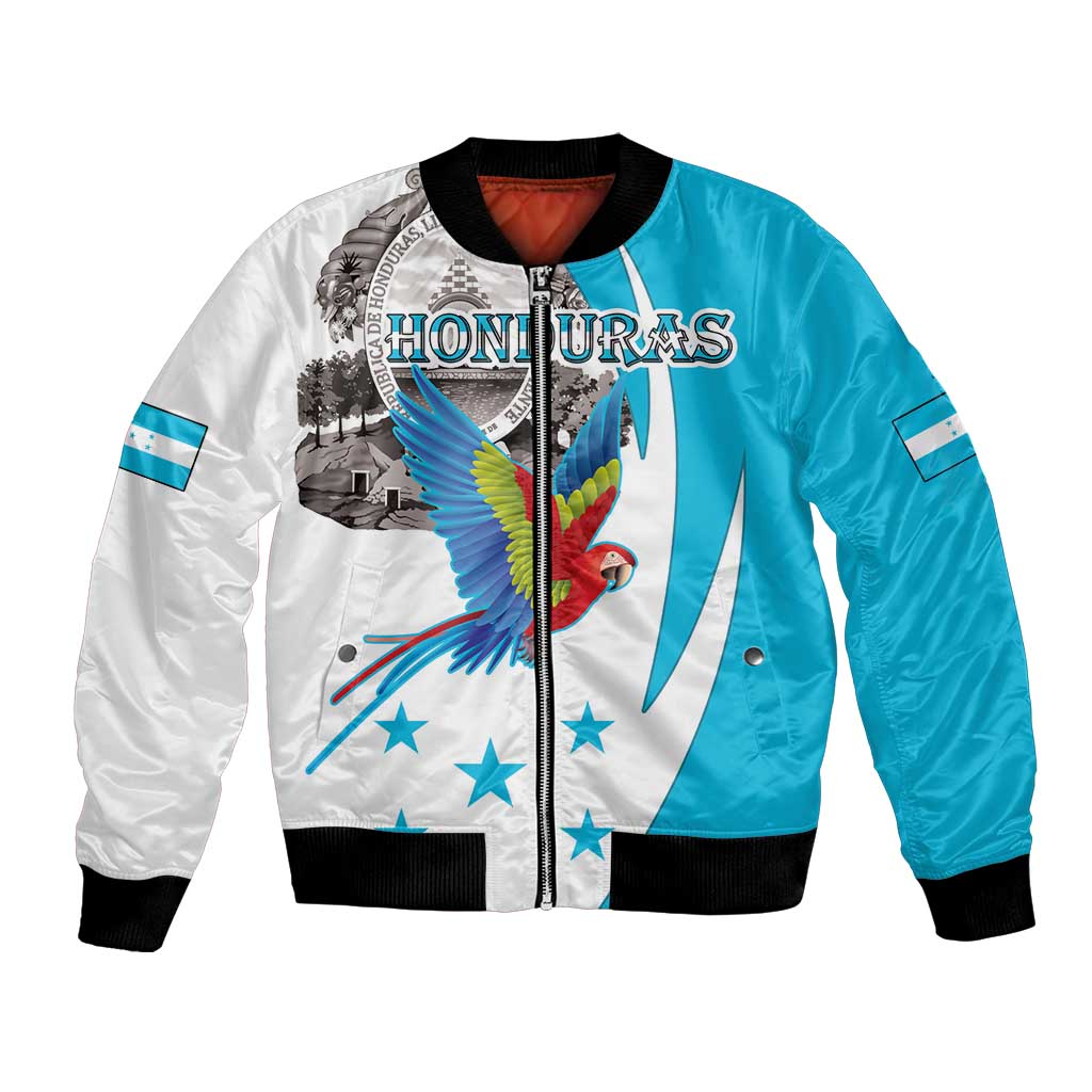 Personalized Honduras Independence Day Bomber Jacket Scarlet Macaw With Coat Of Arms LT18