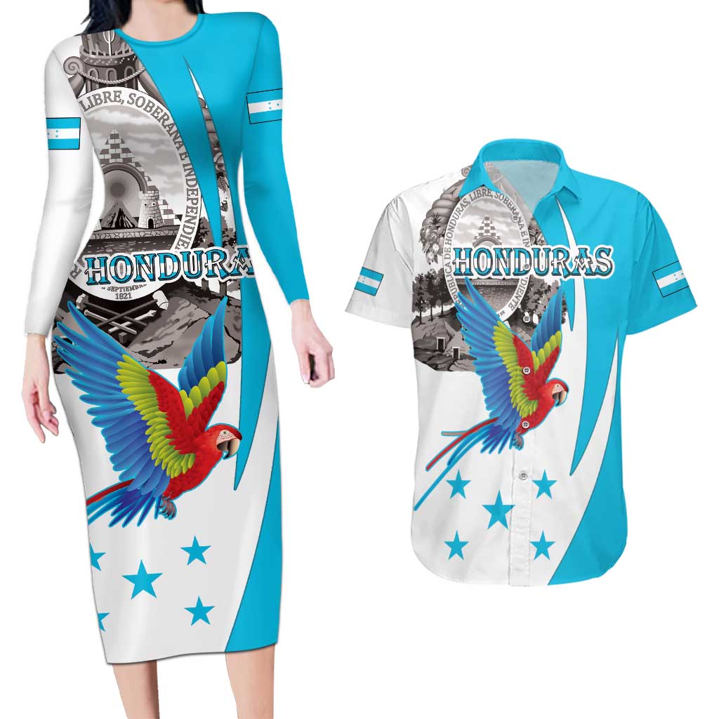 Personalized Honduras Independence Day Couples Matching Long Sleeve Bodycon Dress and Hawaiian Shirt Scarlet Macaw With Coat Of Arms LT18
