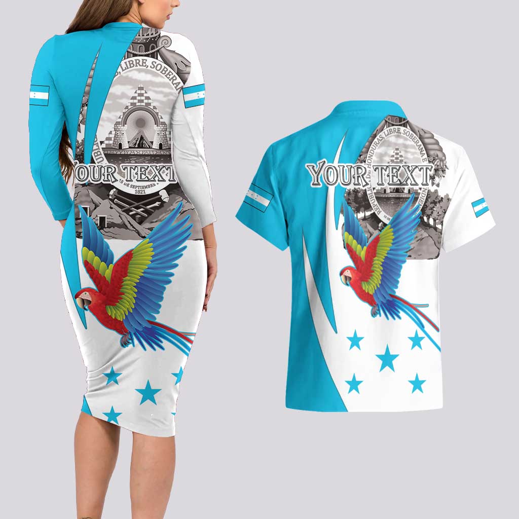 Personalized Honduras Independence Day Couples Matching Long Sleeve Bodycon Dress and Hawaiian Shirt Scarlet Macaw With Coat Of Arms LT18