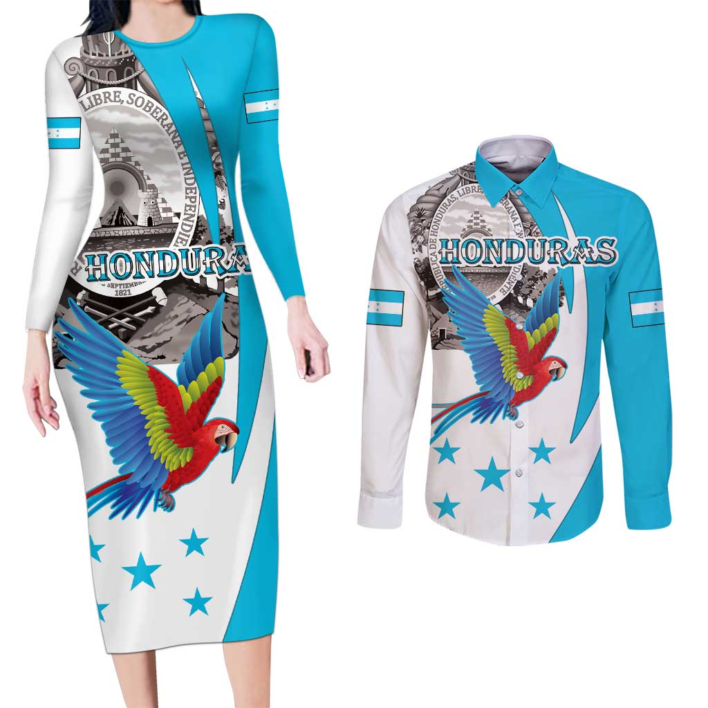 Personalized Honduras Independence Day Couples Matching Long Sleeve Bodycon Dress and Long Sleeve Button Shirt Scarlet Macaw With Coat Of Arms LT18