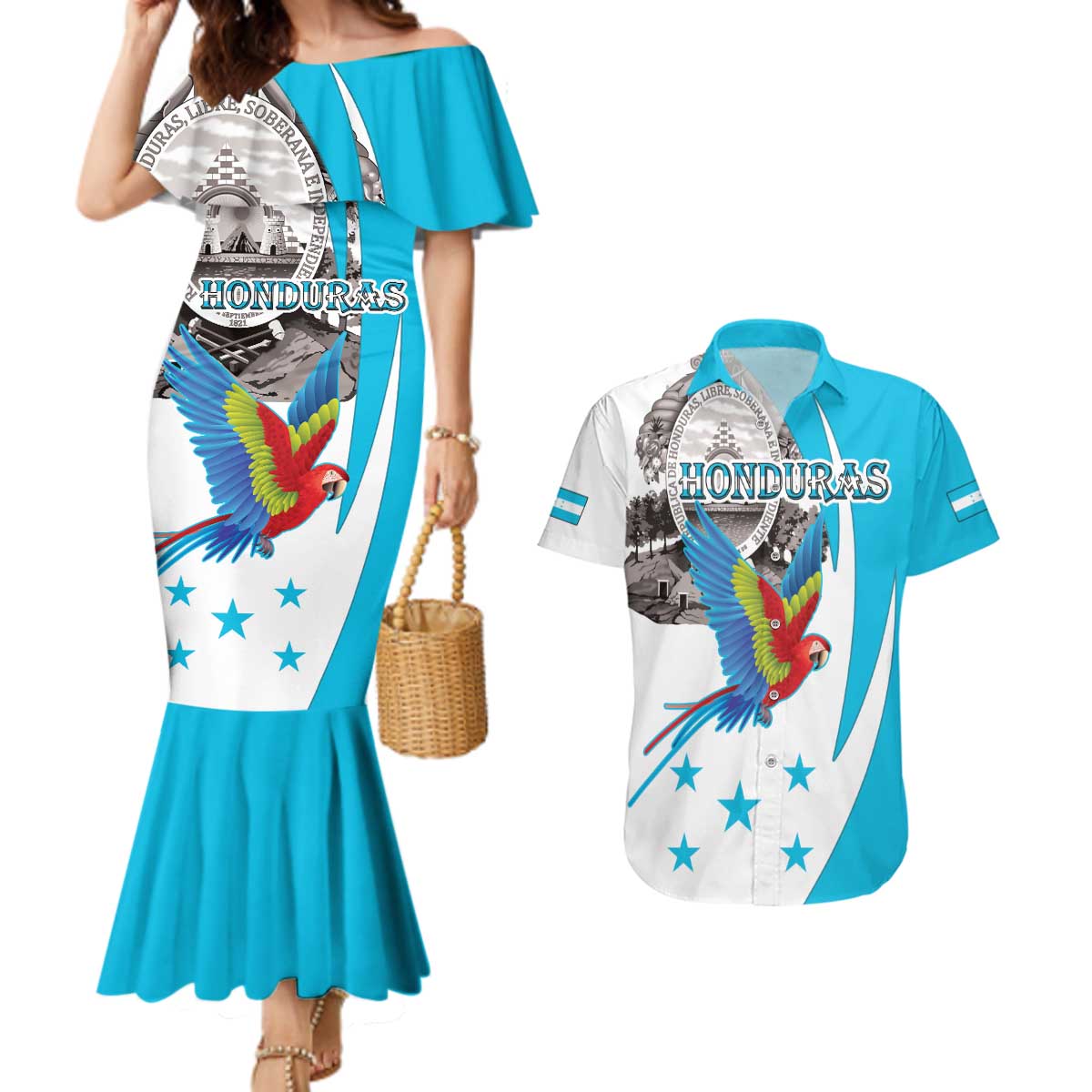 Personalized Honduras Independence Day Couples Matching Mermaid Dress and Hawaiian Shirt Scarlet Macaw With Coat Of Arms LT18