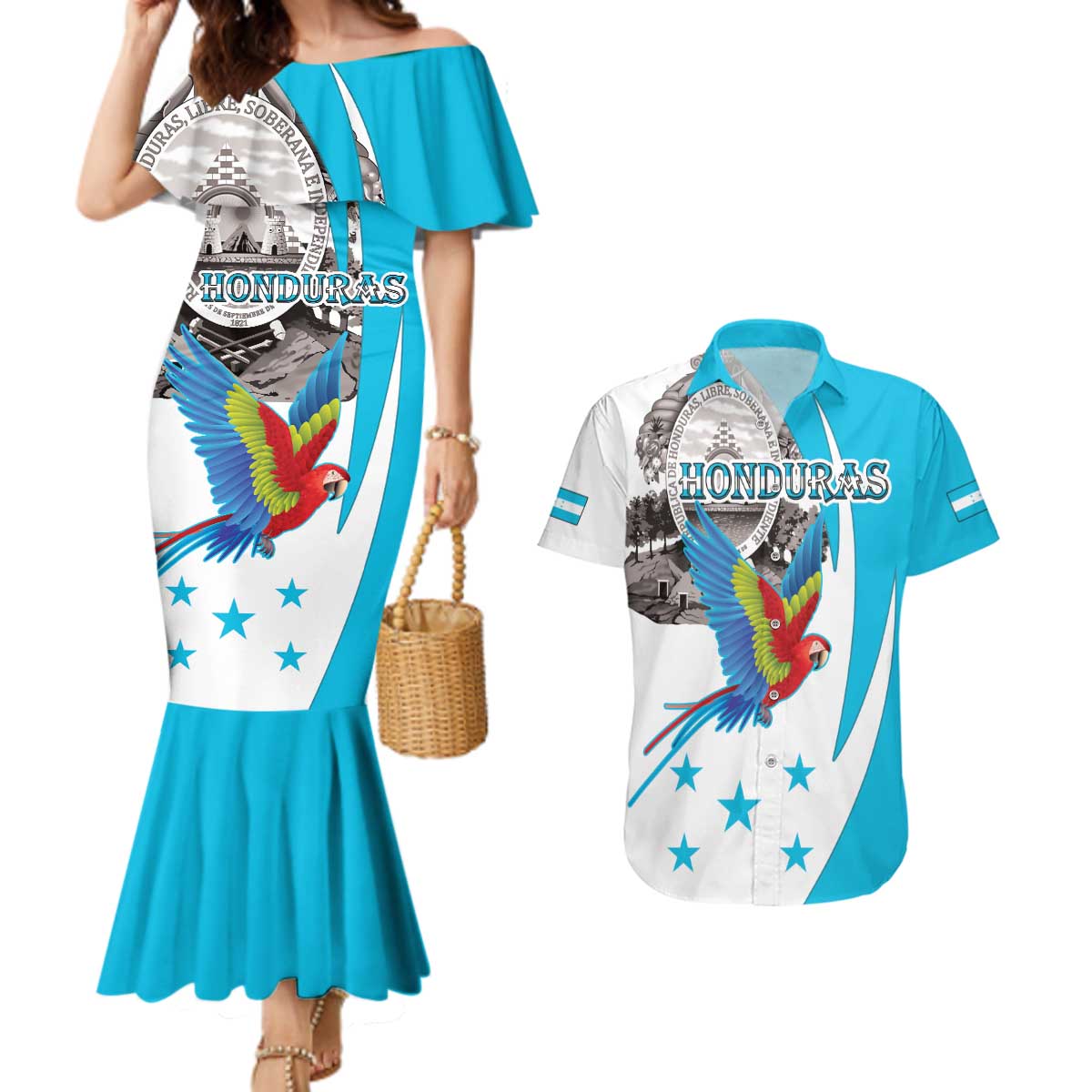 Personalized Honduras Independence Day Couples Matching Mermaid Dress and Hawaiian Shirt Scarlet Macaw With Coat Of Arms - Wonder Print Shop
