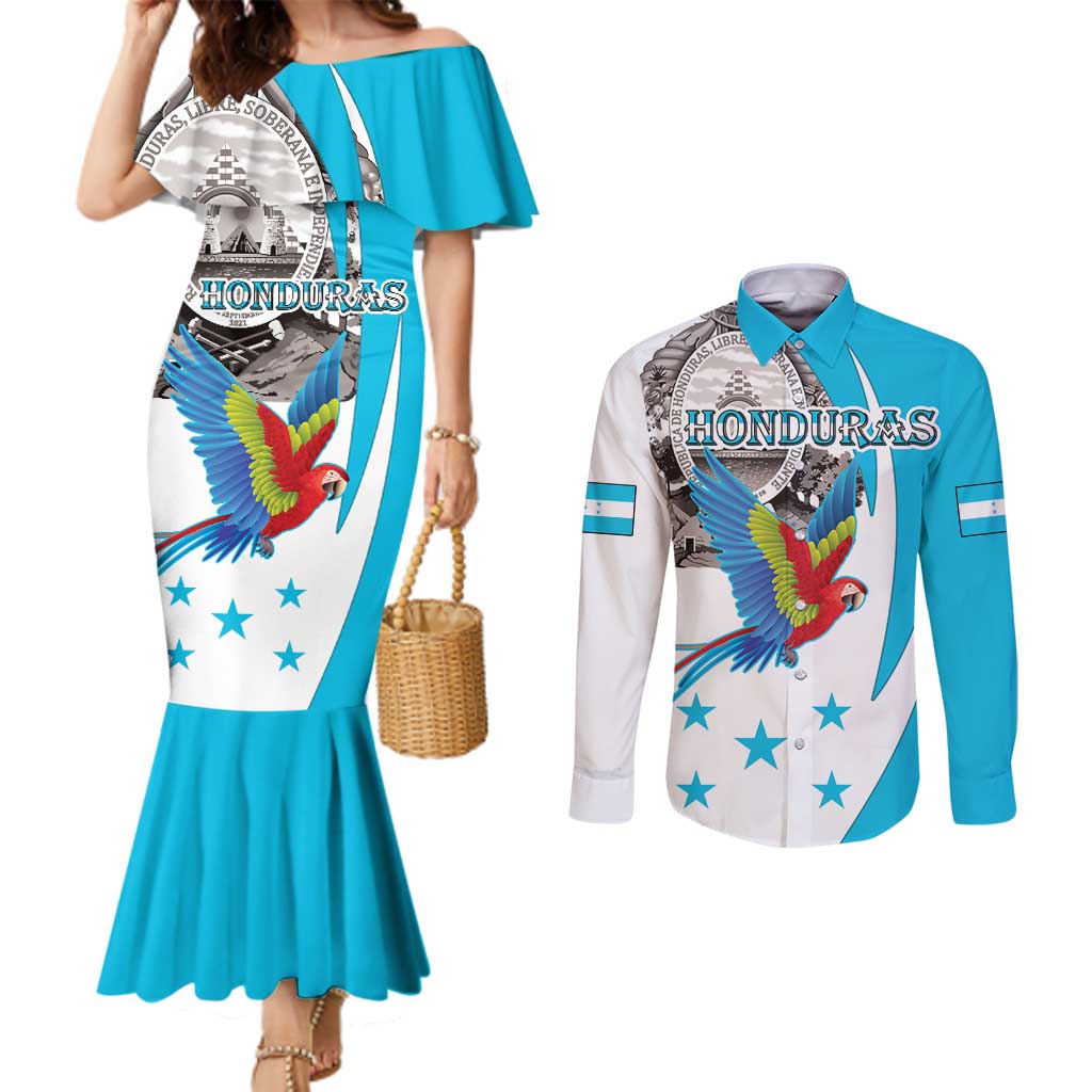 Personalized Honduras Independence Day Couples Matching Mermaid Dress and Long Sleeve Button Shirt Scarlet Macaw With Coat Of Arms LT18