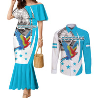 Personalized Honduras Independence Day Couples Matching Mermaid Dress and Long Sleeve Button Shirt Scarlet Macaw With Coat Of Arms LT18