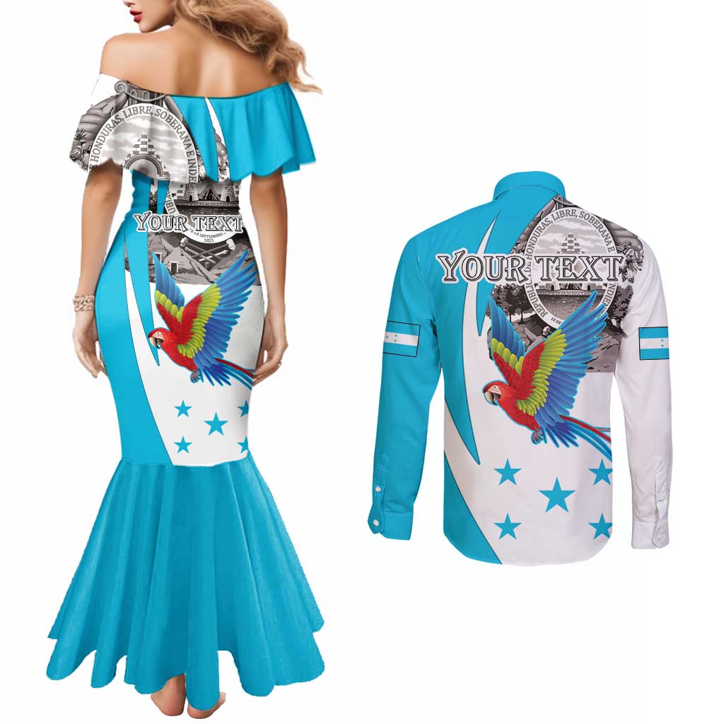 Personalized Honduras Independence Day Couples Matching Mermaid Dress and Long Sleeve Button Shirt Scarlet Macaw With Coat Of Arms LT18