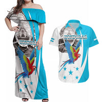 Personalized Honduras Independence Day Couples Matching Off Shoulder Maxi Dress and Hawaiian Shirt Scarlet Macaw With Coat Of Arms LT18