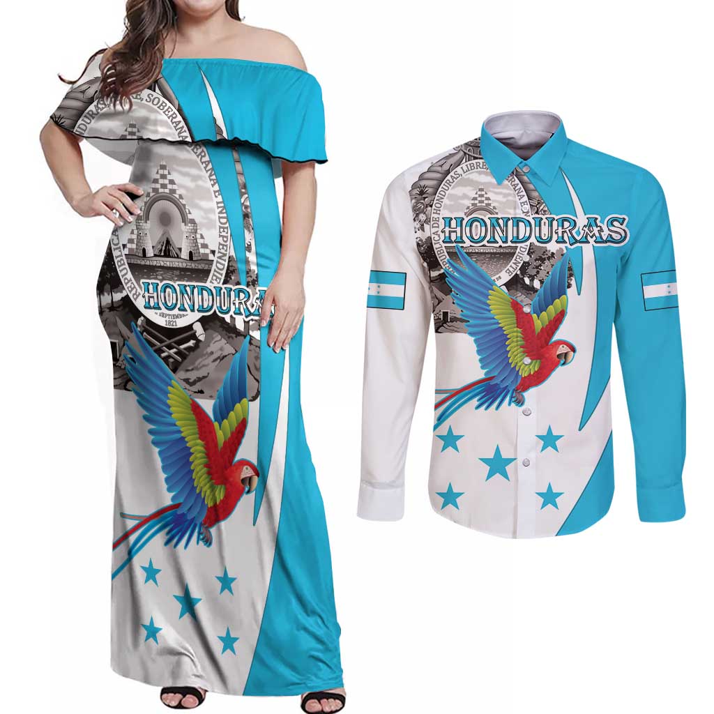 Personalized Honduras Independence Day Couples Matching Off Shoulder Maxi Dress and Long Sleeve Button Shirt Scarlet Macaw With Coat Of Arms LT18