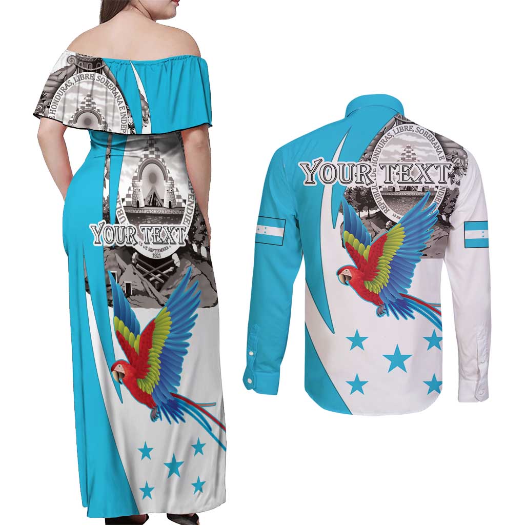 Personalized Honduras Independence Day Couples Matching Off Shoulder Maxi Dress and Long Sleeve Button Shirt Scarlet Macaw With Coat Of Arms LT18
