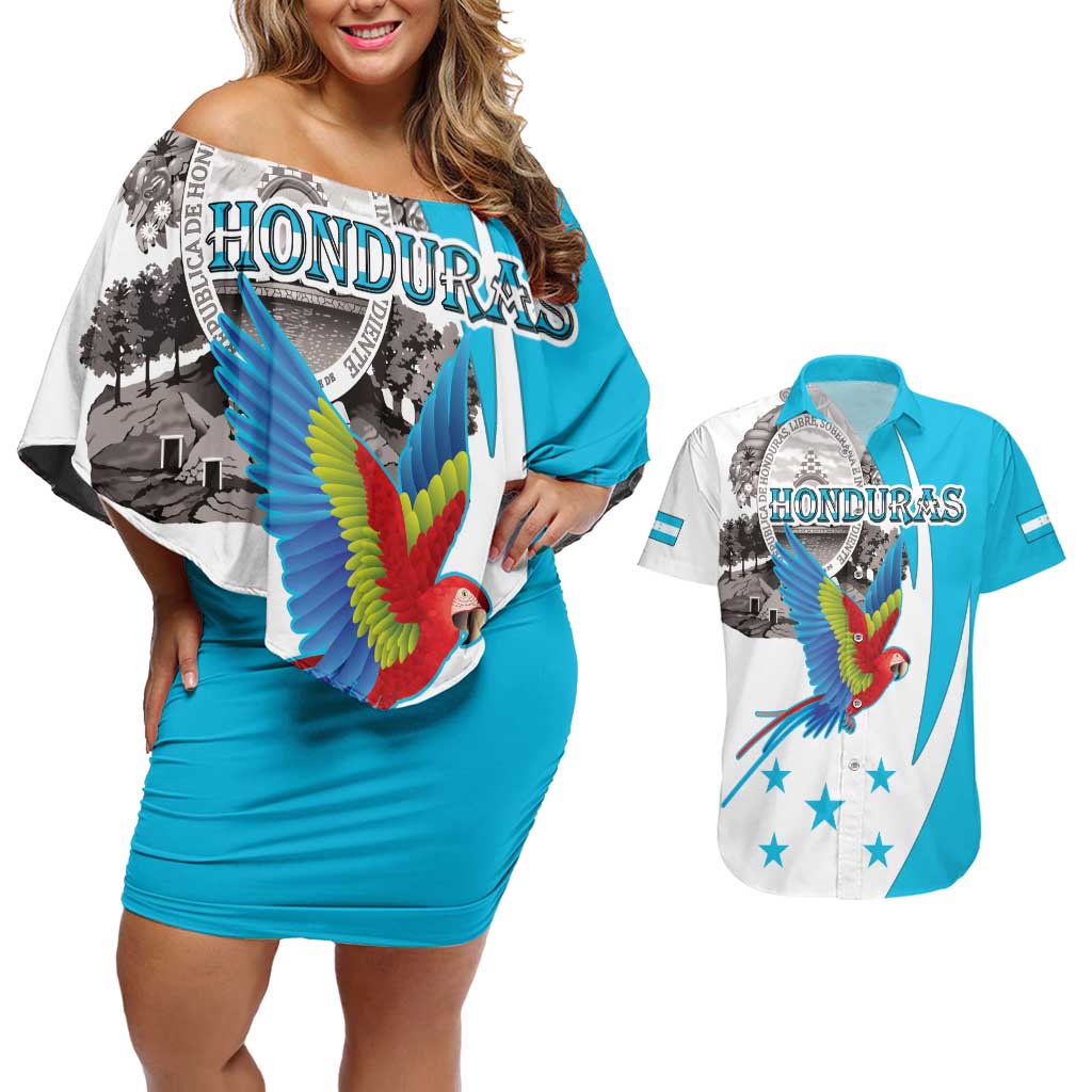 Personalized Honduras Independence Day Couples Matching Off Shoulder Short Dress and Hawaiian Shirt Scarlet Macaw With Coat Of Arms LT18