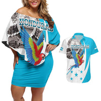 Personalized Honduras Independence Day Couples Matching Off Shoulder Short Dress and Hawaiian Shirt Scarlet Macaw With Coat Of Arms LT18