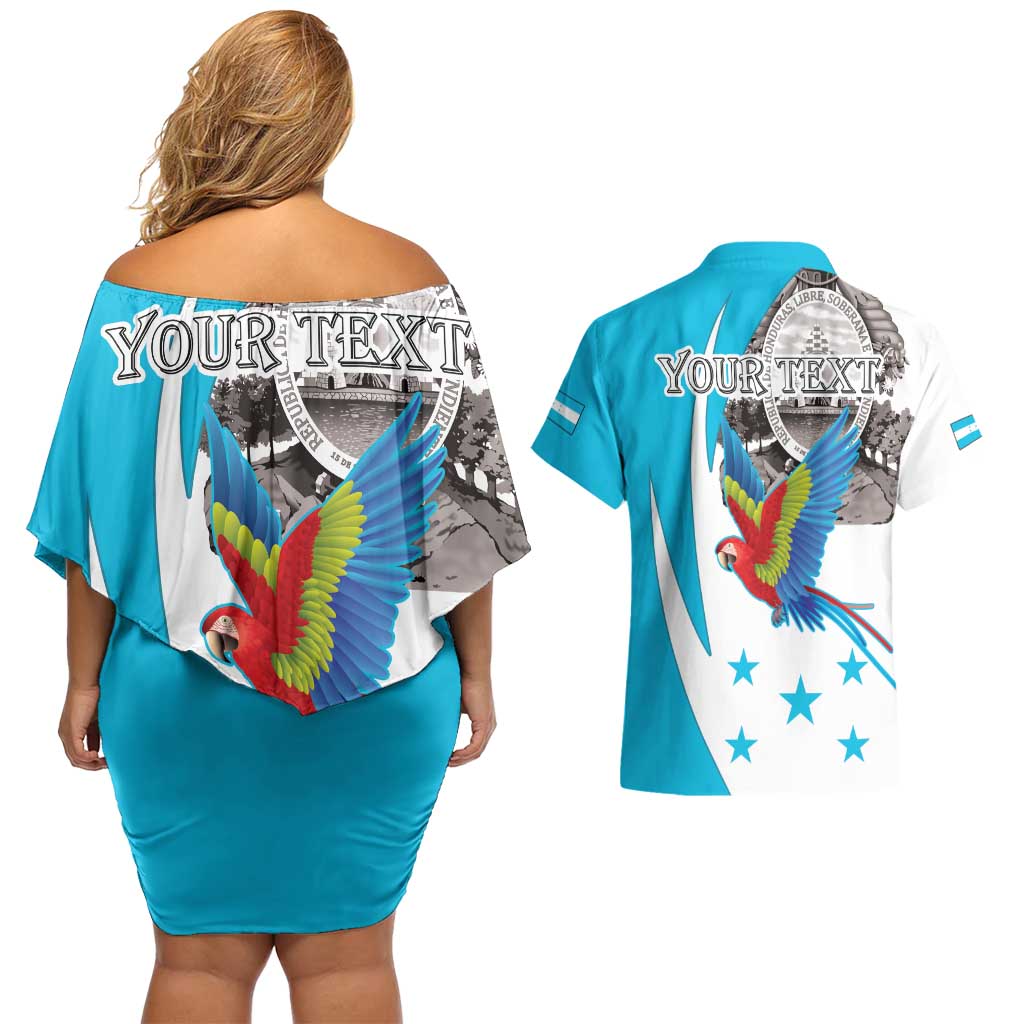 Personalized Honduras Independence Day Couples Matching Off Shoulder Short Dress and Hawaiian Shirt Scarlet Macaw With Coat Of Arms LT18