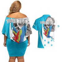 Personalized Honduras Independence Day Couples Matching Off Shoulder Short Dress and Hawaiian Shirt Scarlet Macaw With Coat Of Arms LT18