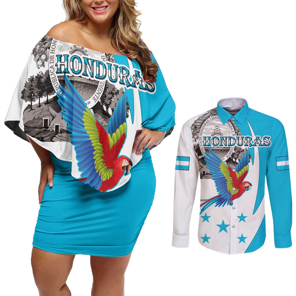 Personalized Honduras Independence Day Couples Matching Off Shoulder Short Dress and Long Sleeve Button Shirt Scarlet Macaw With Coat Of Arms LT18