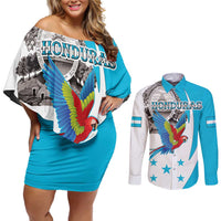Personalized Honduras Independence Day Couples Matching Off Shoulder Short Dress and Long Sleeve Button Shirt Scarlet Macaw With Coat Of Arms LT18