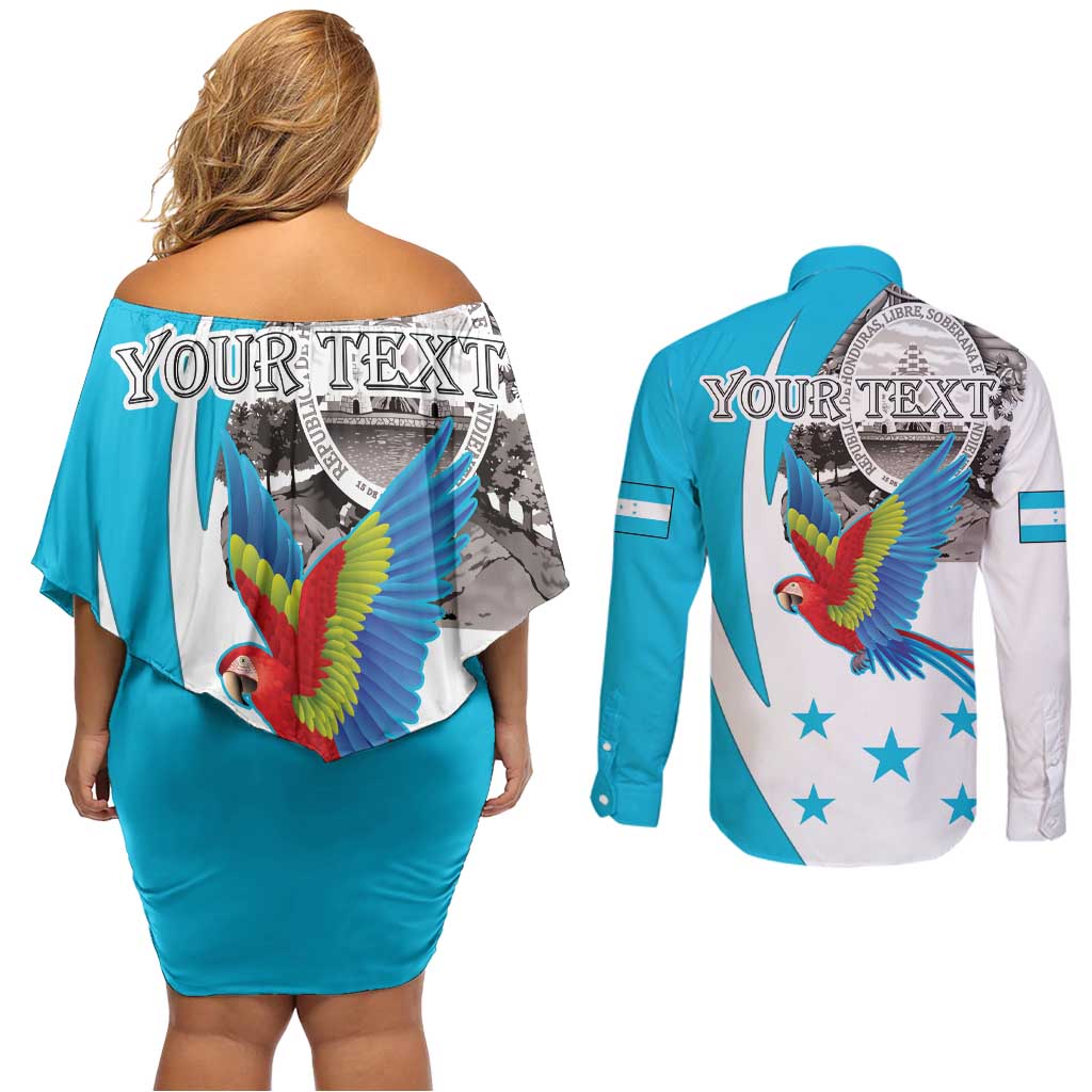 Personalized Honduras Independence Day Couples Matching Off Shoulder Short Dress and Long Sleeve Button Shirt Scarlet Macaw With Coat Of Arms LT18