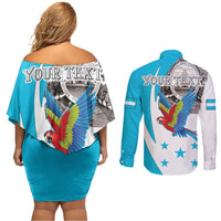 Personalized Honduras Independence Day Couples Matching Off Shoulder Short Dress and Long Sleeve Button Shirt Scarlet Macaw With Coat Of Arms LT18