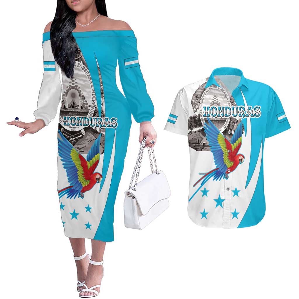 Personalized Honduras Independence Day Couples Matching Off The Shoulder Long Sleeve Dress and Hawaiian Shirt Scarlet Macaw With Coat Of Arms LT18