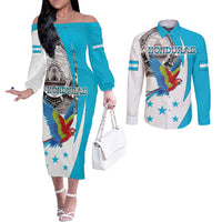 Personalized Honduras Independence Day Couples Matching Off The Shoulder Long Sleeve Dress and Long Sleeve Button Shirt Scarlet Macaw With Coat Of Arms LT18