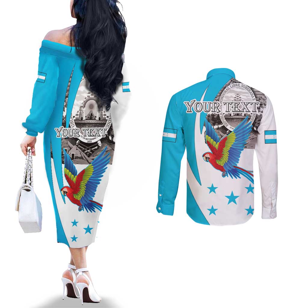 Personalized Honduras Independence Day Couples Matching Off The Shoulder Long Sleeve Dress and Long Sleeve Button Shirt Scarlet Macaw With Coat Of Arms LT18