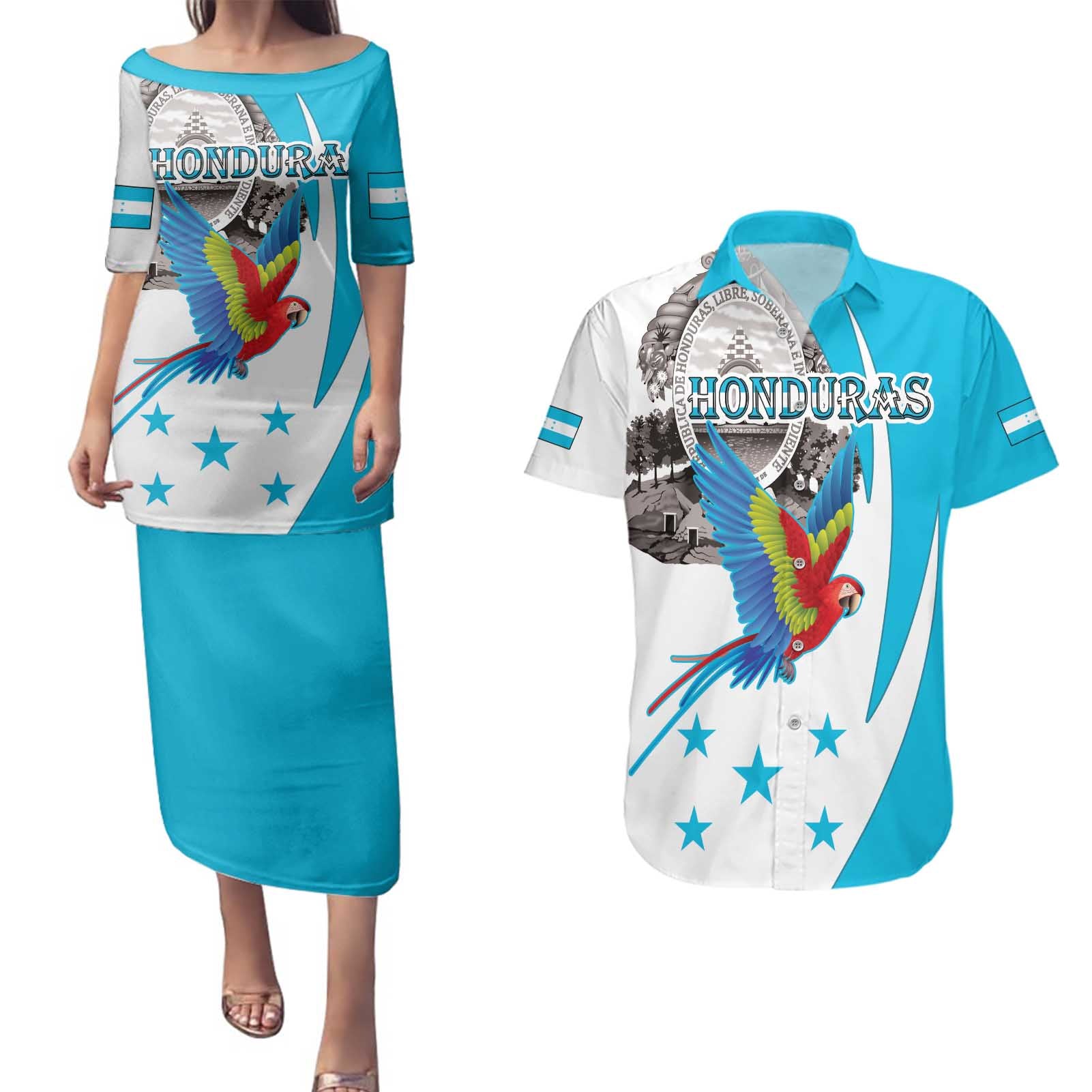 Personalized Honduras Independence Day Couples Matching Puletasi and Hawaiian Shirt Scarlet Macaw With Coat Of Arms LT18