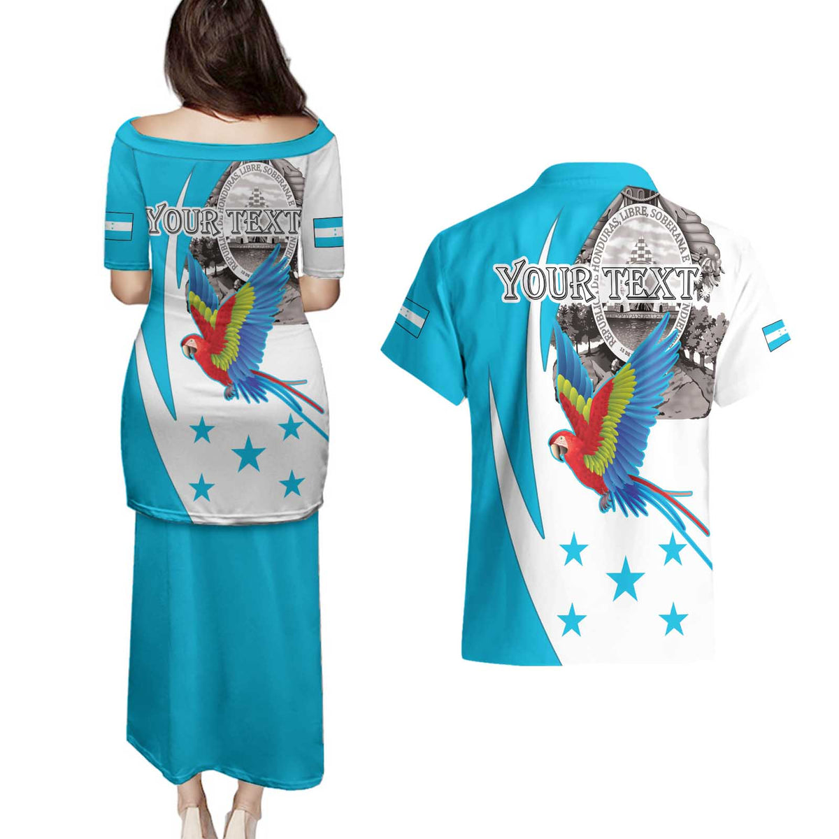 Personalized Honduras Independence Day Couples Matching Puletasi and Hawaiian Shirt Scarlet Macaw With Coat Of Arms LT18