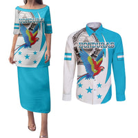 Personalized Honduras Independence Day Couples Matching Puletasi and Long Sleeve Button Shirt Scarlet Macaw With Coat Of Arms LT18