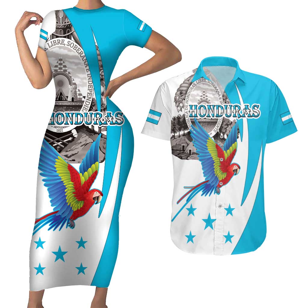 Personalized Honduras Independence Day Couples Matching Short Sleeve Bodycon Dress and Hawaiian Shirt Scarlet Macaw With Coat Of Arms LT18
