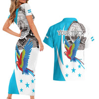 Personalized Honduras Independence Day Couples Matching Short Sleeve Bodycon Dress and Hawaiian Shirt Scarlet Macaw With Coat Of Arms LT18