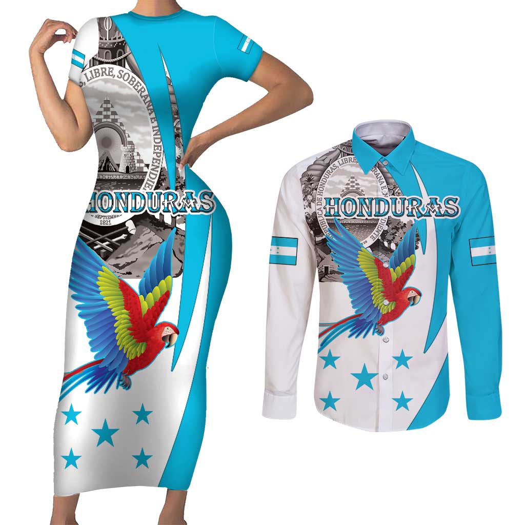 Personalized Honduras Independence Day Couples Matching Short Sleeve Bodycon Dress and Long Sleeve Button Shirt Scarlet Macaw With Coat Of Arms LT18