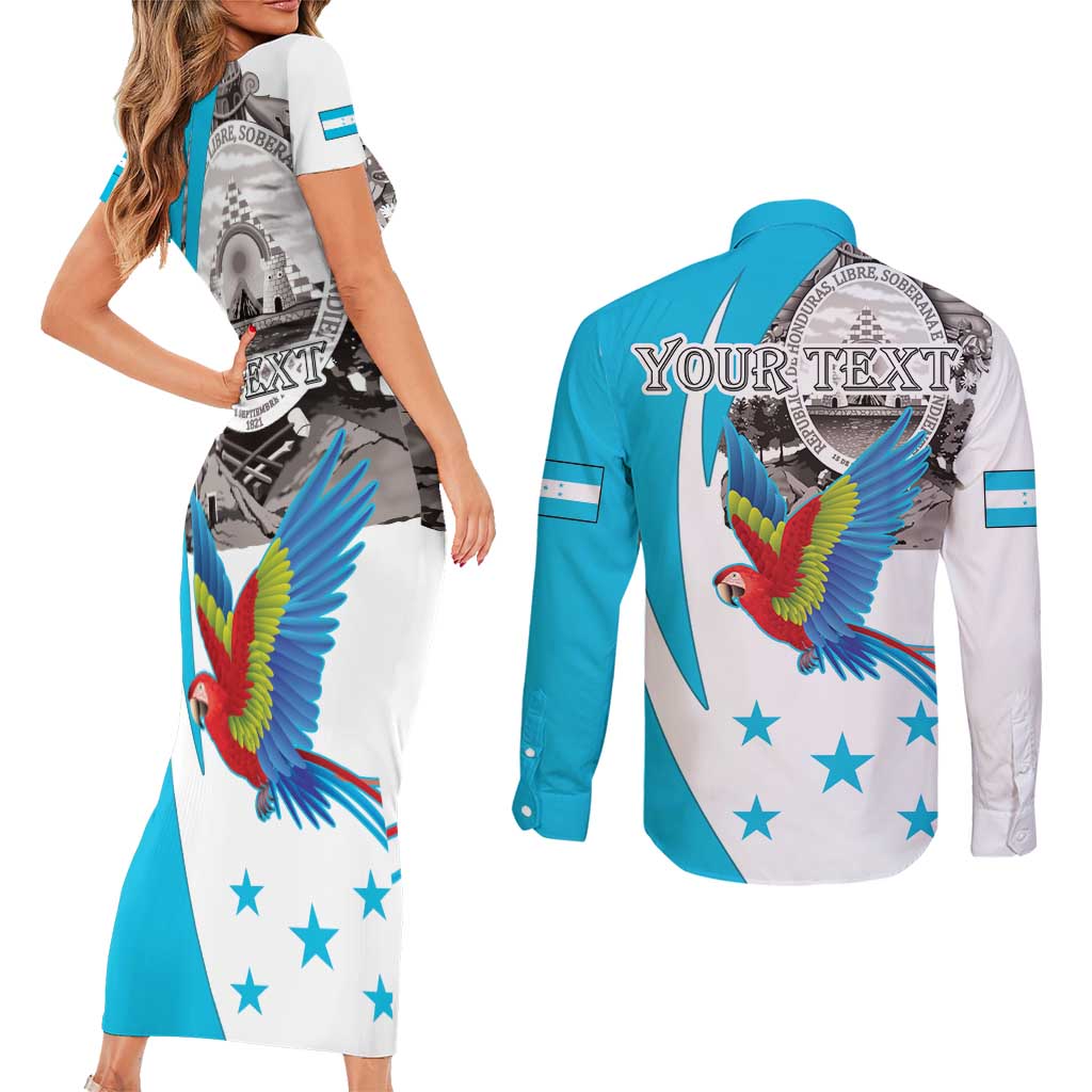 Personalized Honduras Independence Day Couples Matching Short Sleeve Bodycon Dress and Long Sleeve Button Shirt Scarlet Macaw With Coat Of Arms LT18