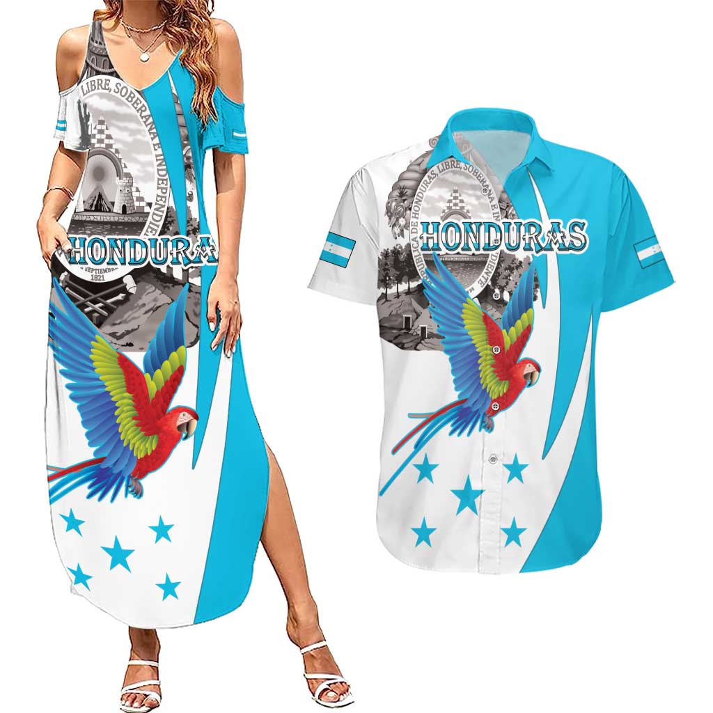 Personalized Honduras Independence Day Couples Matching Summer Maxi Dress and Hawaiian Shirt Scarlet Macaw With Coat Of Arms LT18