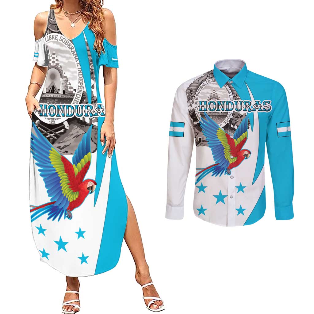 Personalized Honduras Independence Day Couples Matching Summer Maxi Dress and Long Sleeve Button Shirt Scarlet Macaw With Coat Of Arms LT18